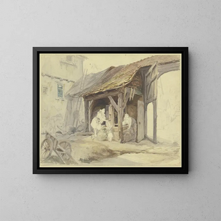 a Hessoise farm with a well house - Carl Engel — framed artwork on a wall