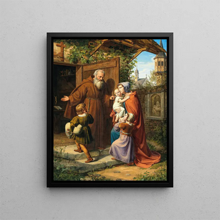 Sainte Élisabeth, landgravine of Thuringia, fleeing Wartburg, finds refuge with a hermit - Carl Fieldgraf — framed artwork on a wall