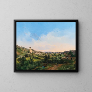 View of the churches of Kalksburg and Rodaun at dawn - Carl Franz Michael Geyling — framed artwork on a wall