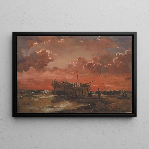 Wreck on the West Coast of Jutland at Sunset - Carl Frederik Sørensen — framed artwork on a wall