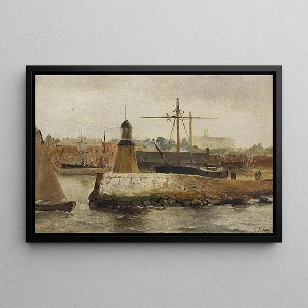Port of Malmö in cloudy weather - Carl Frederik Sørensen — framed artwork on a wall