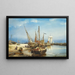 Marine painting with boats pulled ashore on the beach - Carl Frederik Sørensen — framed artwork on a wall