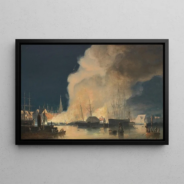 Night Fire at Christianshavn Port Side in Copenhagen - Carl Frederik Sørensen — framed artwork on a wall