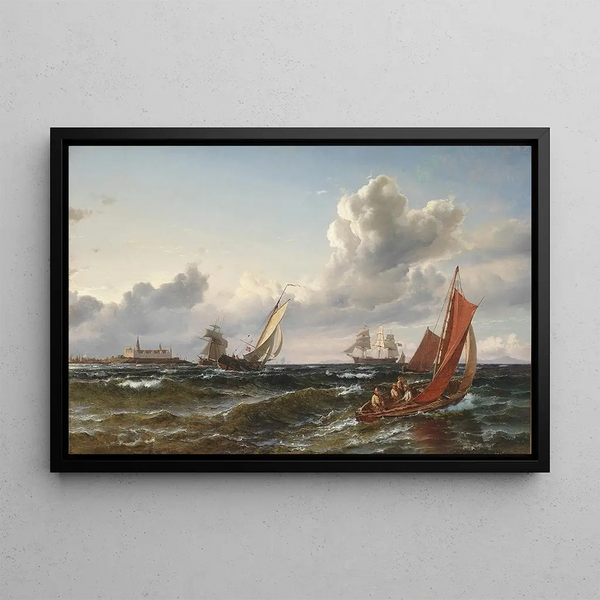 sailing ships and fishing boats in the Sound off Kronborg - Carl Frederik Sørensen — framed artwork on a wall