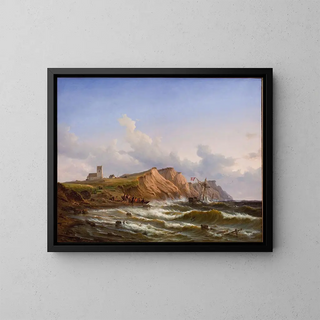 Shipwreck after a storm off the west coast of Jutland near Ferring Church - Carl Frederik Sørensen — framed artwork on a wall