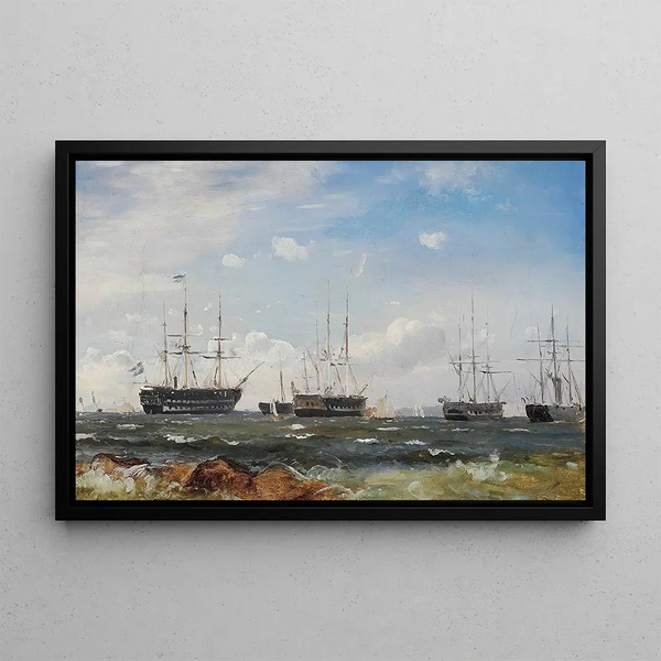Warships off Göteborg - Carl Frederik Sørensen — framed artwork on a wall