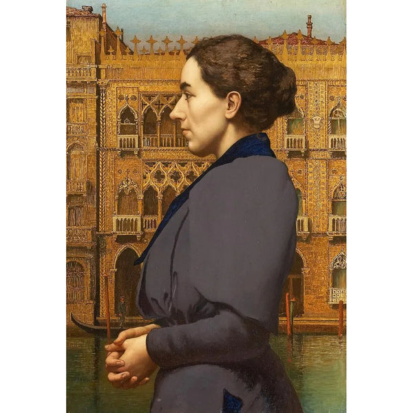 Portrait painting of Anna Cossmann in front of Ca' d'Oro in Venice - Carl Freiherr von Pidoll zu Quintenbach — framed artwork on a wall