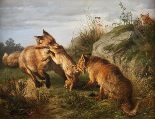 Two foxes fighting over their prey - Carl Friedrich Deiker — artwork view