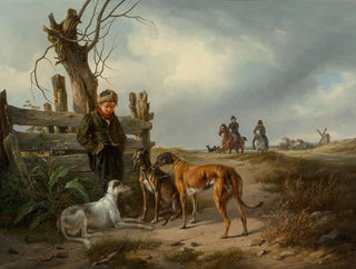 Young boy resting near a fence with hunting dogs - Carl Friedrich Schulz — artwork view