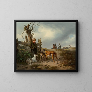 Young boy resting near a fence with hunting dogs - Carl Friedrich Schulz — framed artwork on a wall