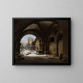Ruins of a church in winter - Carl Georg Adolph Hasenpflug — framed artwork on a wall