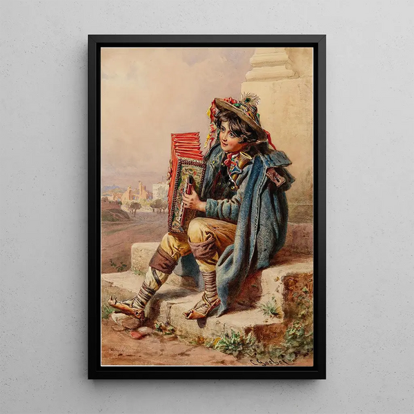 an Italian boy with a harmonica in an Italian landscape with ruins - Carl Goebel — framed artwork on a wall