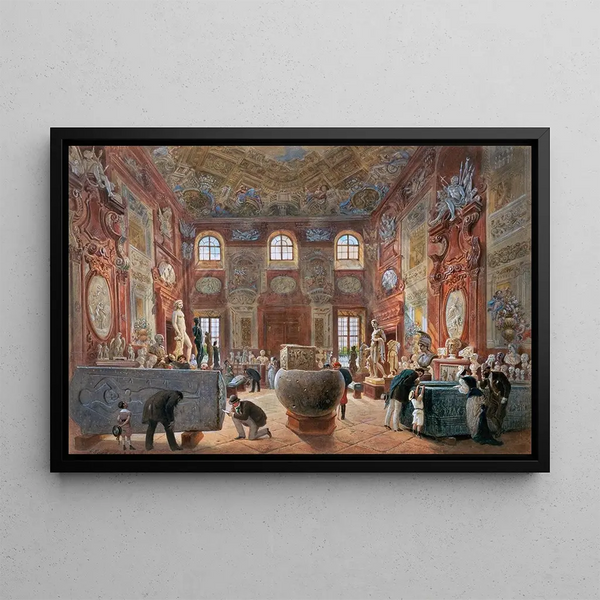 La grande salle de marbre du Belvédère inférieur avec les sculptures de la collection antique - Carl Goebel le Jeune — framed artwork on a wall