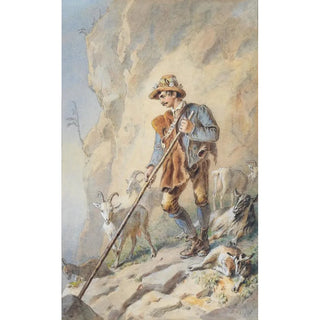 Rosenblatt painting of Emperor Franz Joseph hunting, depicted as a shepherd in the mountains - Carl Goebel the Younger — framed artwork on a wall