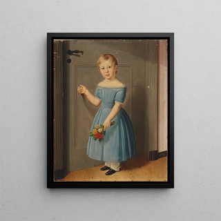a girl knocking on the door holding a bouquet of flowers in her hand - Carl Goos — framed artwork on a wall