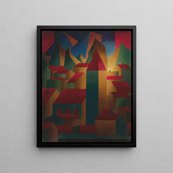 Maisons, tour et montagnes - Carl Grossberg — framed artwork on a wall