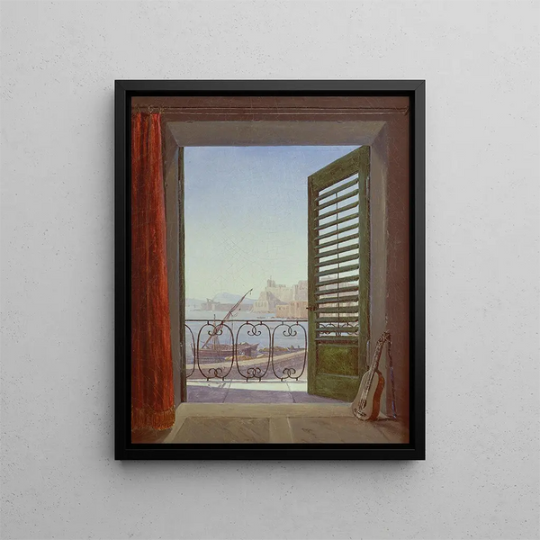 Bedroom with balcony and view of the Bay of Naples via Santa Lucia and Castel dell'Ovo - Carl Gustav Carus — framed artwork on a wall