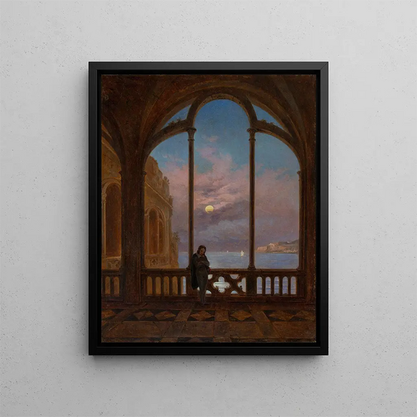 Night by moonlight on the Italian sea with a sunk reader at the Gothic window - Carl Gustav Carus — framed artwork on a wall