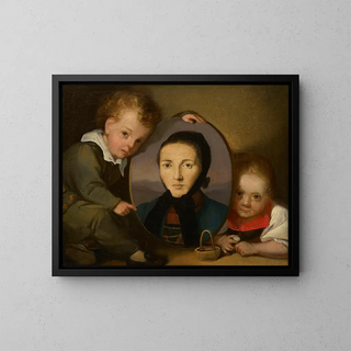 Self-portrait with mother and little sister - Carl Heine — framed artwork on a wall