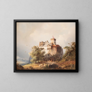 Château dans un paysage orageux - Carl Hilgers — framed artwork on a wall