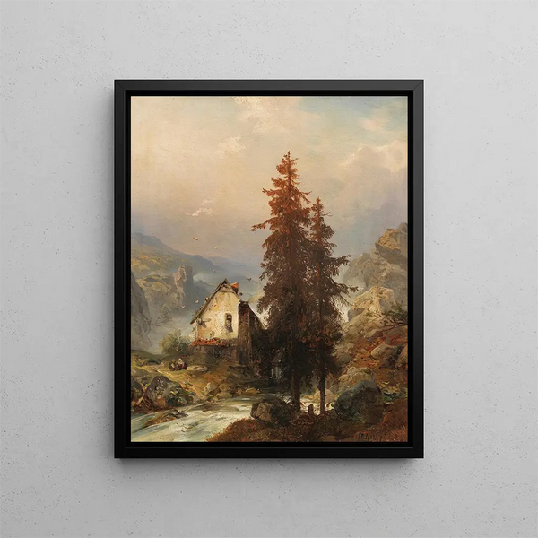 Mill in the mountain valley - Carl Hilgers — framed artwork on a wall