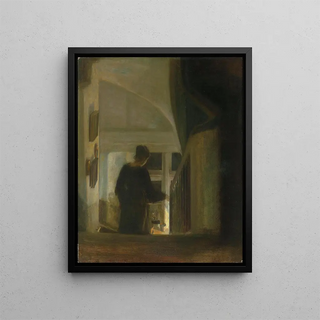 a woman descending a staircase - Carl Holse — framed artwork on a wall