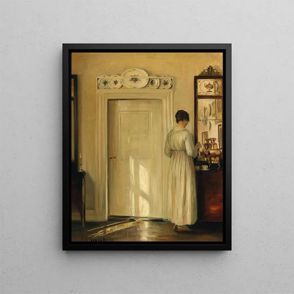 Woman having tea - Carl Holse — framed artwork on a wall