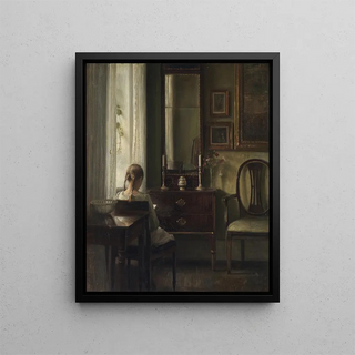 Interior painting with a girl reading - Carl Holse — framed artwork on a wall