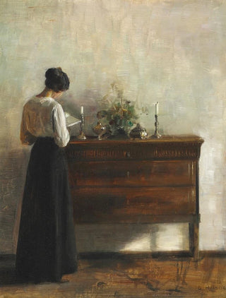 Interior painting with the artist's woman standing near a chest of drawers and reading - Carl Holse — artwork view