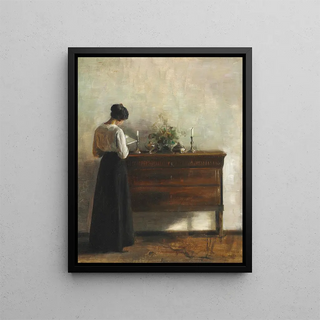 Interior painting with the artist's woman standing near a chest of drawers and reading - Carl Holse — framed artwork on a wall