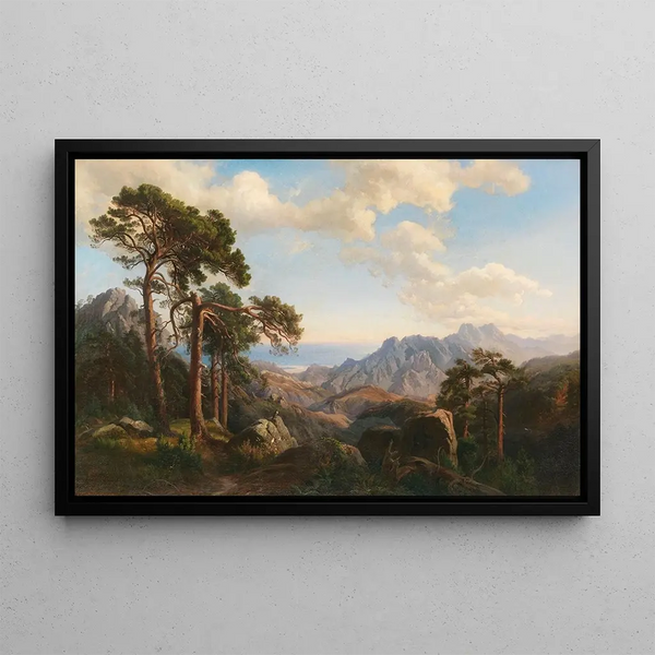 View of Col di Sorba near Vivario with pines, Corsica - Carl Hummel — framed artwork on a wall
