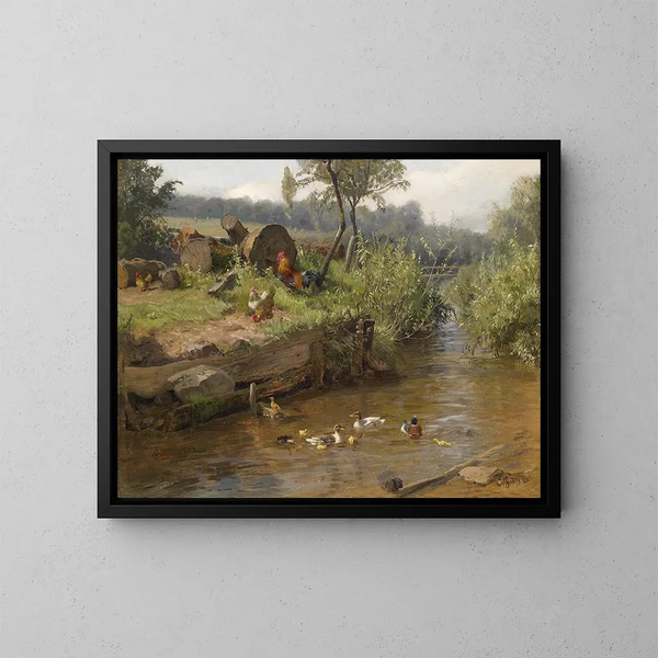 Family of ducks by the water's edge - Carl Jutz — framed artwork on a wall