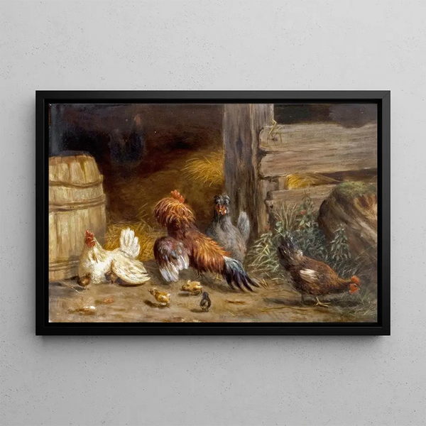 Poules dans l'étable - Carl Jutz — framed artwork on a wall