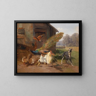 Dog in the Aviary - Carl Jutz — framed artwork on a wall