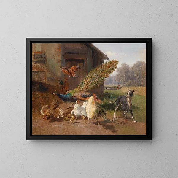 Dog in the Aviary - Carl Jutz — framed artwork on a wall