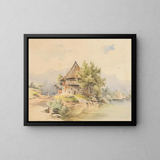 Cabin in Wood by the Lake - Carl Lafitte — framed artwork on a wall