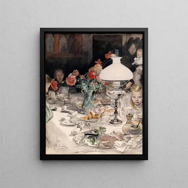 Around the evening lamp - Carl Larsson — framed artwork on a wall