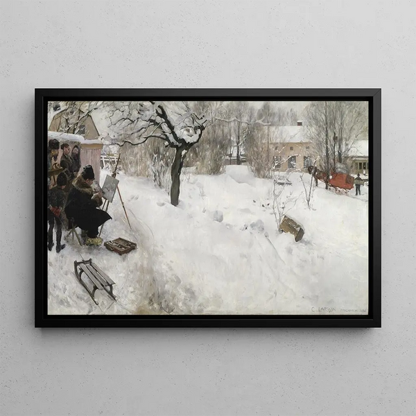 Painter en plein air Winter motif of Sgatan 145 Stockholm - Carl Larsson — framed artwork on a wall