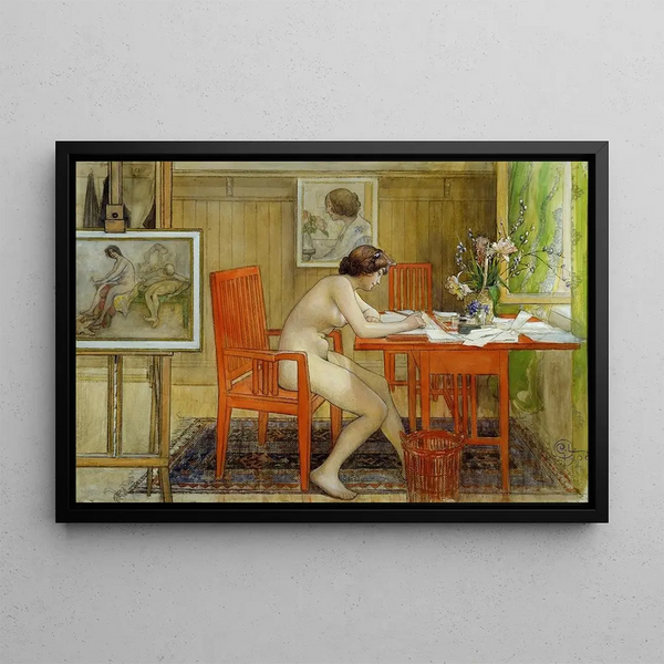 The model writing a postcard - Carl Larsson — framed artwork on a wall