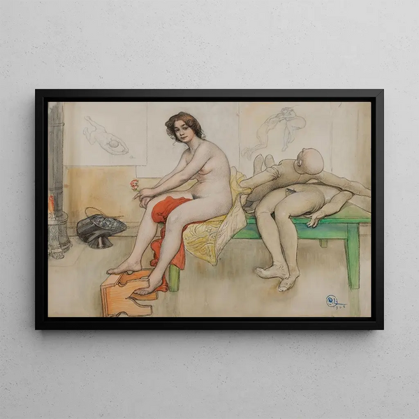 The Model and the Mannequins - Carl Larsson — framed artwork on a wall