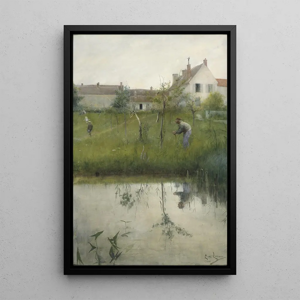 The old man and the children's garden - Carl Larsson — framed artwork on a wall