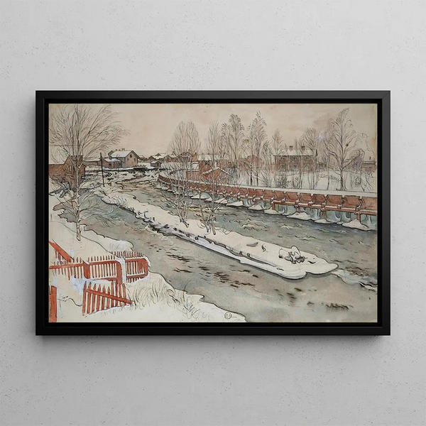 La glissoire à bois, scène d'hiver - Carl Larsson — framed artwork on a wall