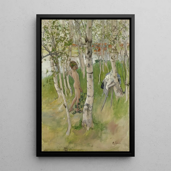 Ulf Boy nude among the birches - Carl Larsson — framed artwork on a wall