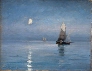 Bateaux de pêche sous la nuit éclairée par la lune - Carl Locher — artwork view