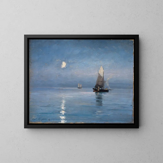 Bateaux de pêche sous la nuit éclairée par la lune - Carl Locher — framed artwork on a wall