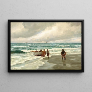 the island motif of the south beach of Skagen with a fresh crescent wind - Carl Locher — framed artwork on a wall