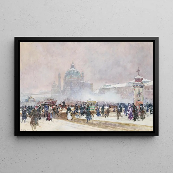 L'église Saint-Charles à Vienne sous une rafale de neige - Carl Müller — framed artwork on a wall