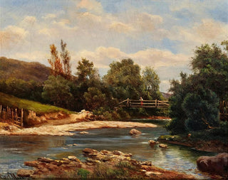 a landscape with a stream and a bridge - Carl Moll — artwork view