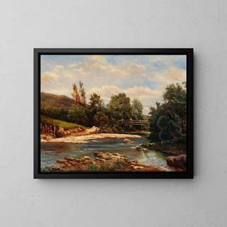 a landscape with a stream and a bridge - Carl Moll — framed artwork on a wall