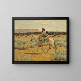 Mother Apache and Children on Horseback - Carl Moon — framed artwork on a wall